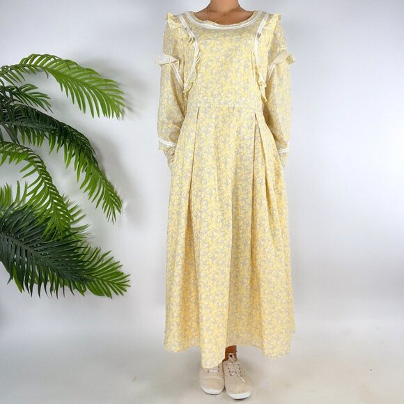 Vintage Style Yellow Floral Cottagecore Prairie Long Sleeve Ruffle Dress / Large - Picture 4 of 8